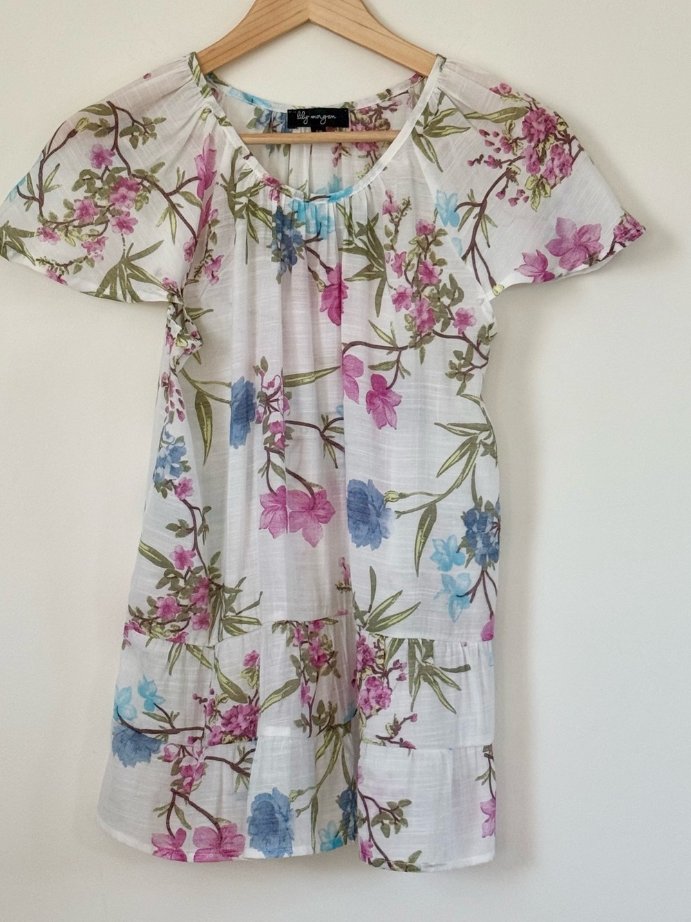 Floral Short-Sleeve Peasant Blouse - White with Pink & Blue Flowers